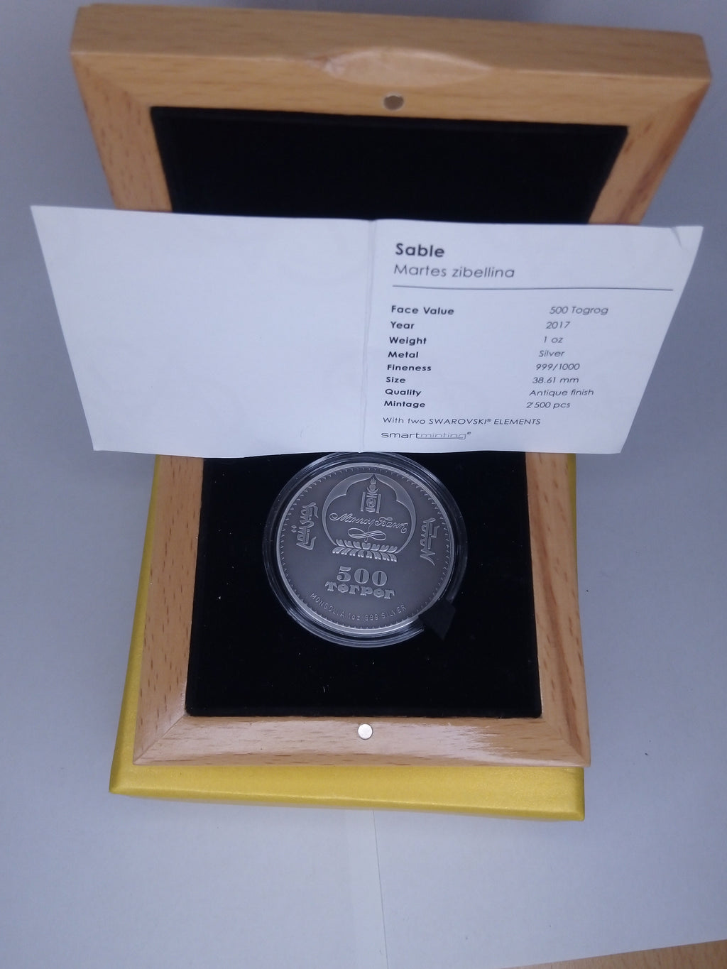 Sable 1 oz. Silver, Mongolia, 500 Togrog, 2017