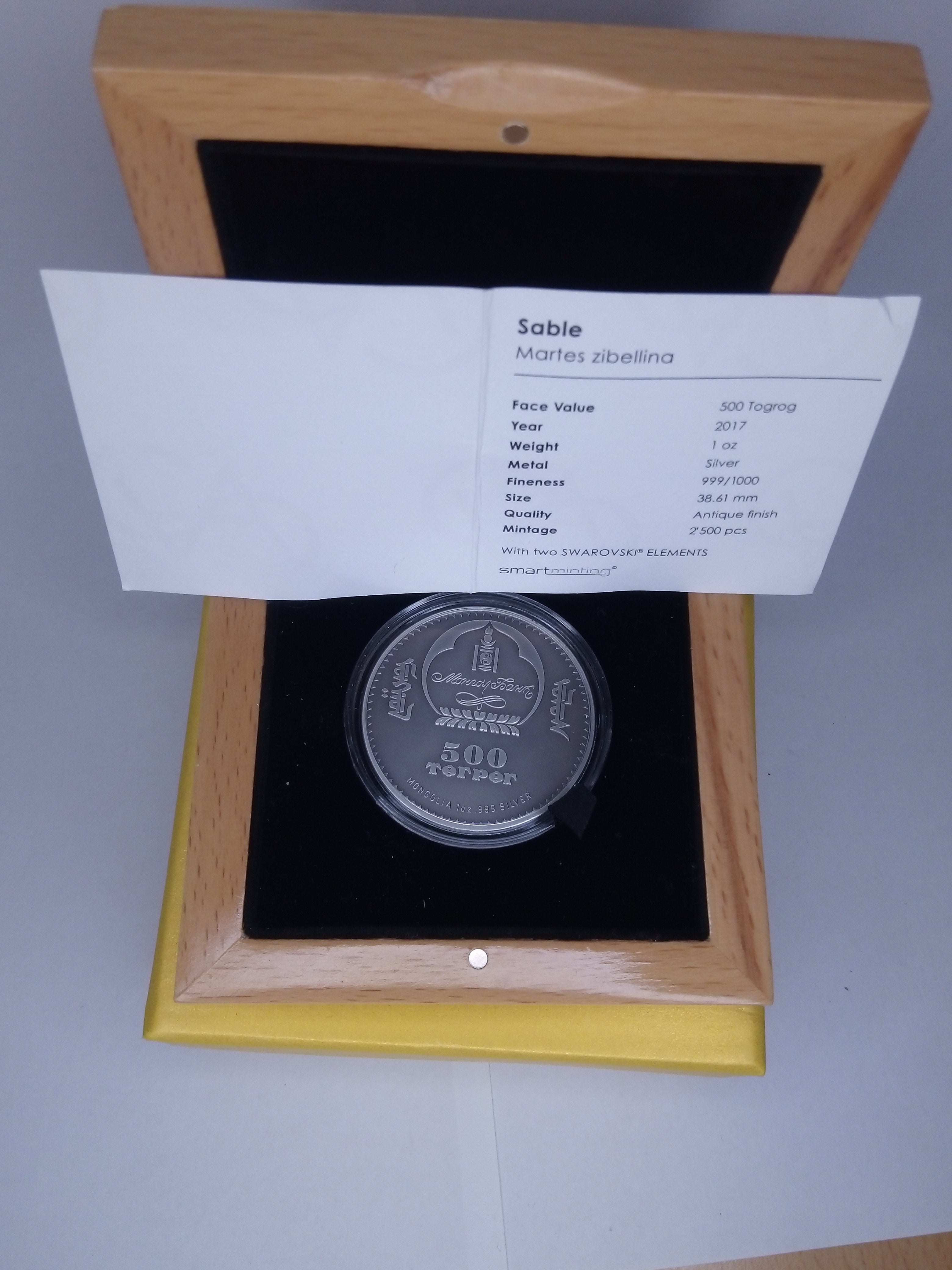 Sable 1 oz. Silver, Mongolia, 500 Togrog, 2017