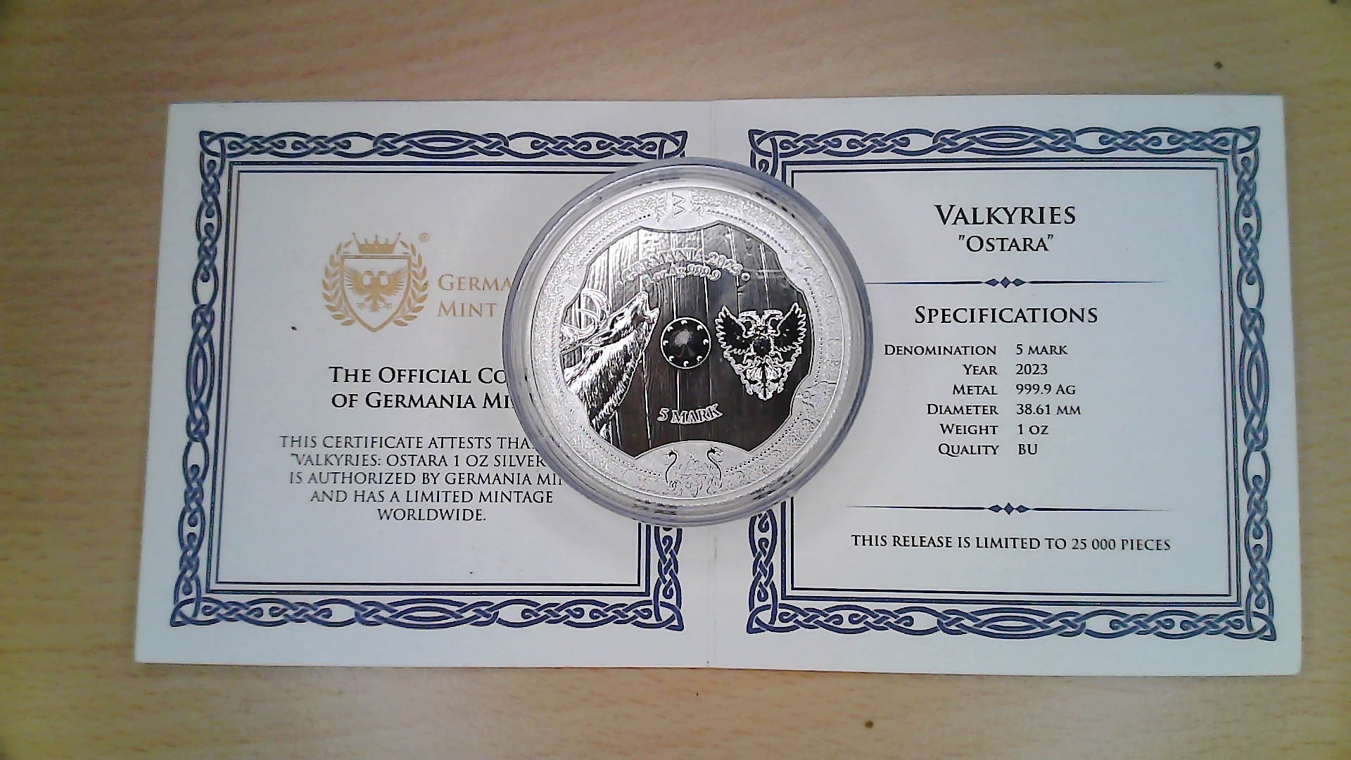 Ostara 1 oz Silver BU, Valkyries, Germania, 5 Mark, 2023