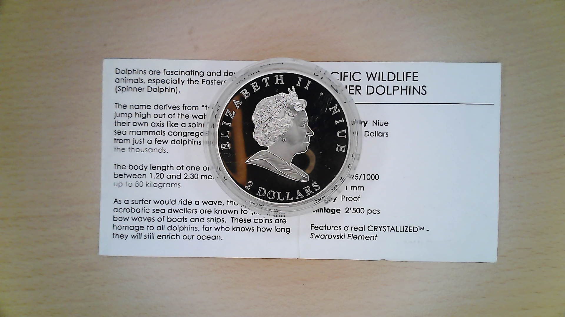 Spinner dolphins 25g. Silver Proof coin, Pacific Wildlife, Niue, 2 Dollars, 2009